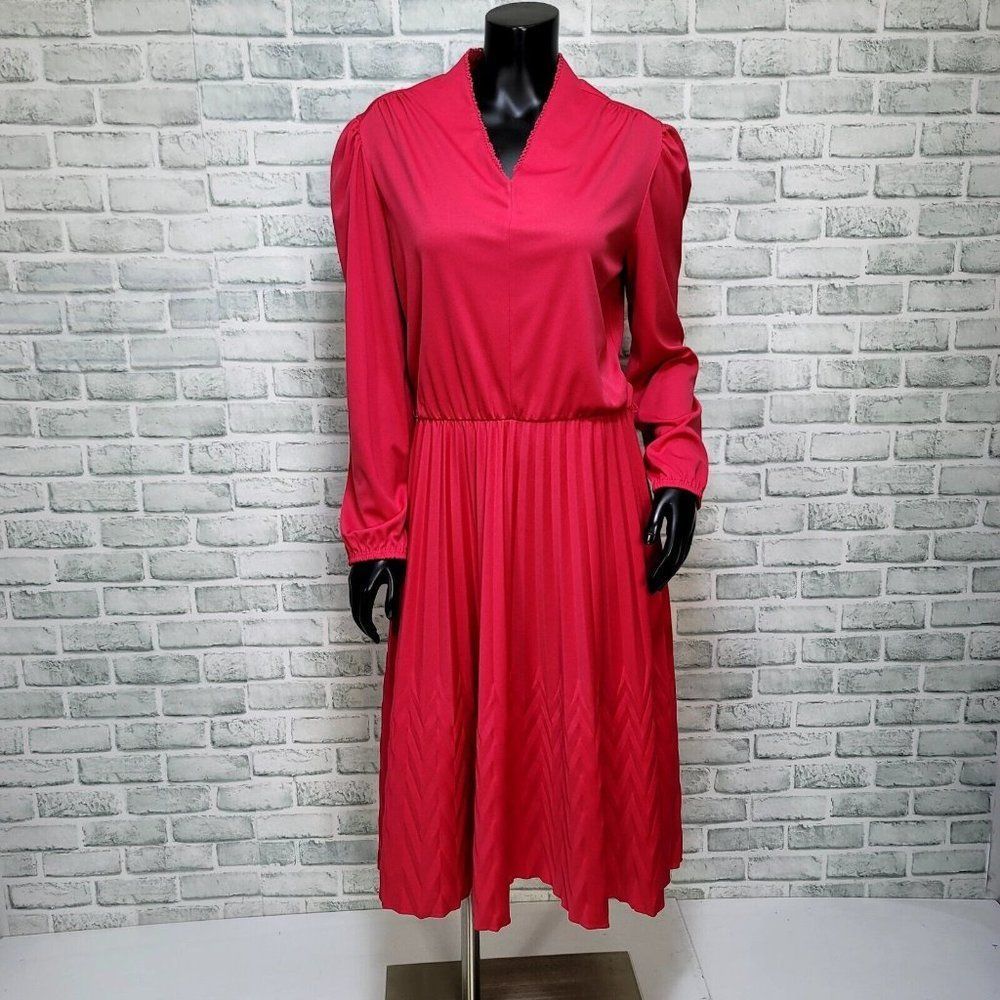 Vintage 70s Blair Womens M/L Dark Pink Polyester Zig‎ Zag Hem L/S Dress